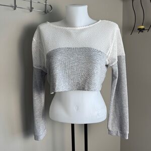 Naked Wardrobe‎ Women's Long Sleeve Crop Top Gray/Cream Medium Workout Mesh